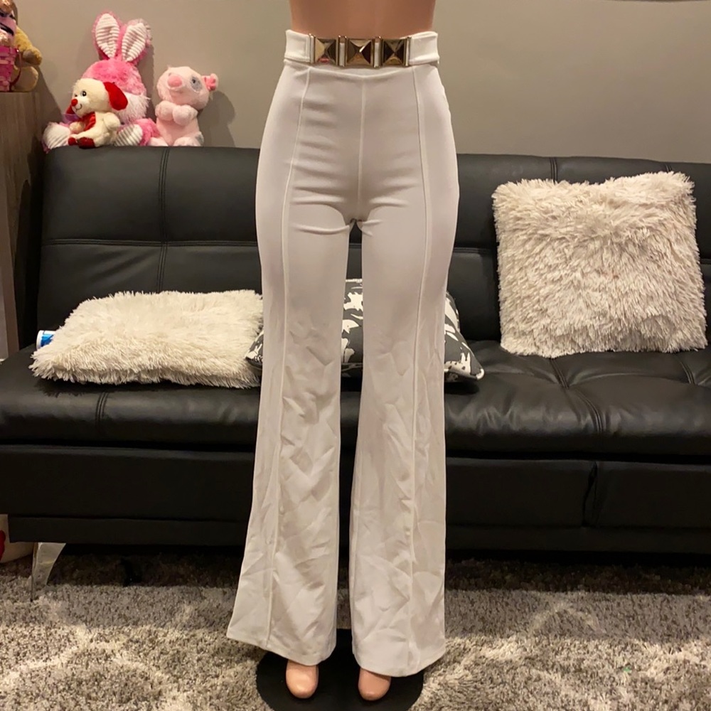 Posh By V White High Rise Pintuck Flare Pants Gold Studded Belt Detail XS